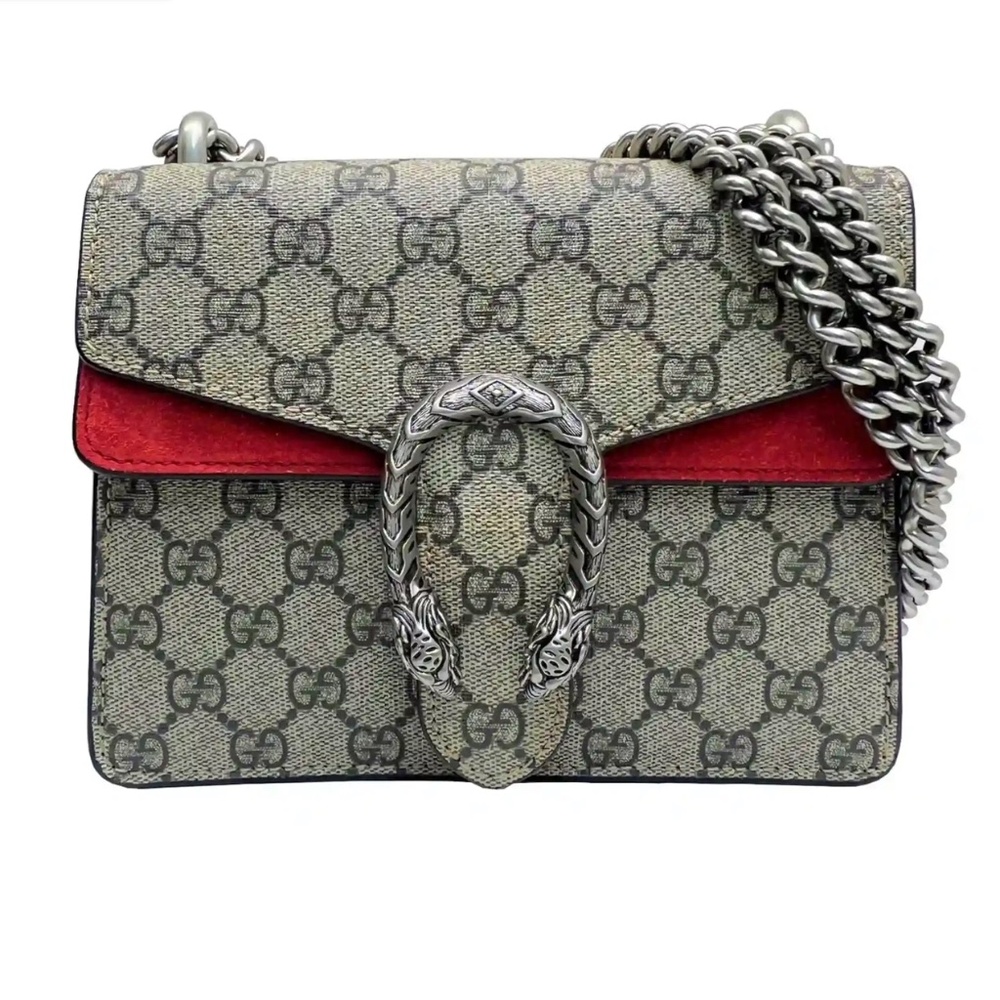 GG Supreme Monogram Suede Mini Dionysus Shoulder Bag Beige Ebony Vulcanic Red